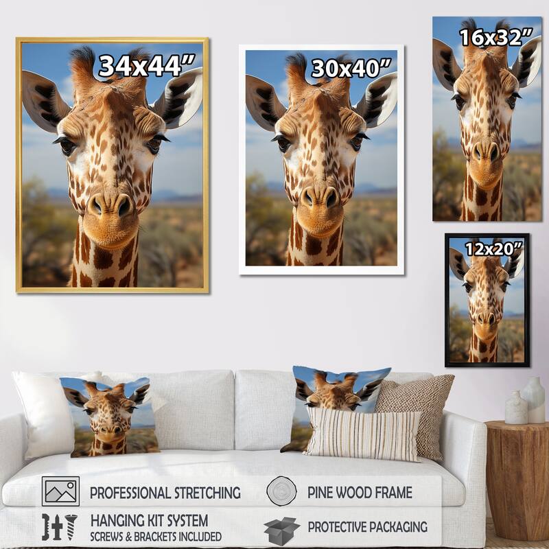 Designart "Blue Giraffe Portrait I" Animals Giraffe Framed Wall Art